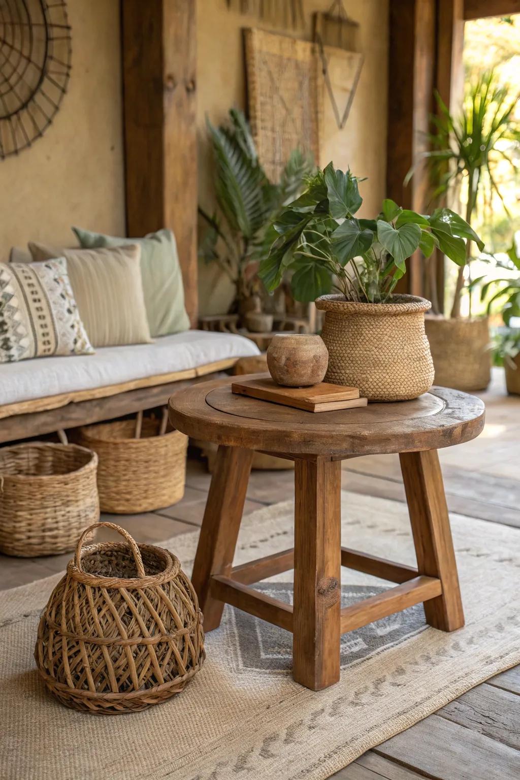 Country-style stools provide natural warmth and texture to any given room.