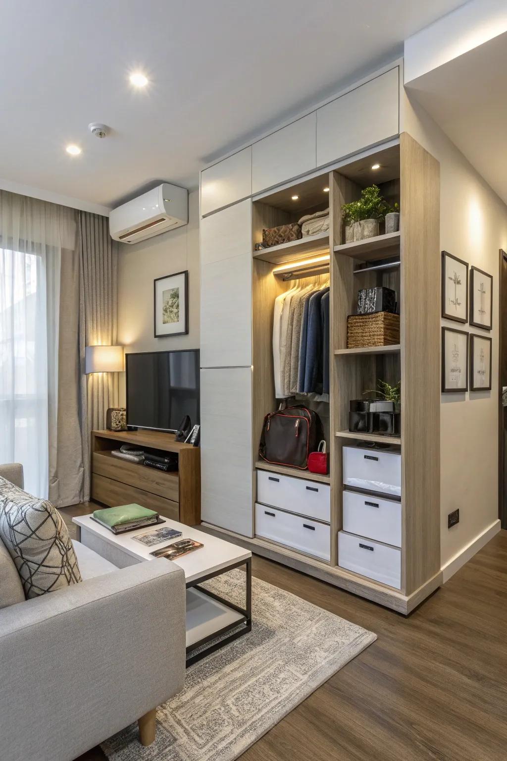 Hidden storage keeps the area tidy.