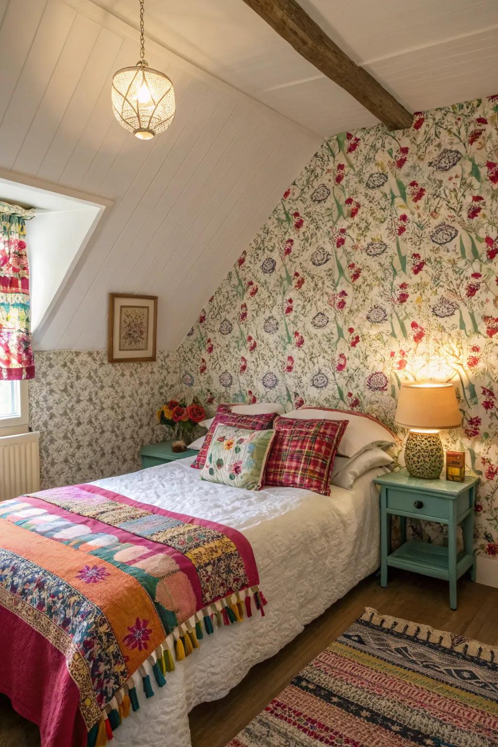 Patterns inject vibrancy and intrigue within this cottage bedroom.