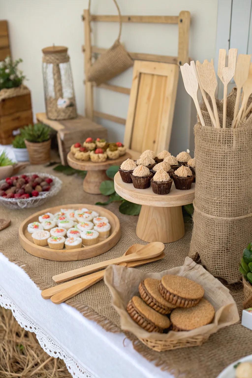 A rustic and eco-conscious dessert table arrangement.