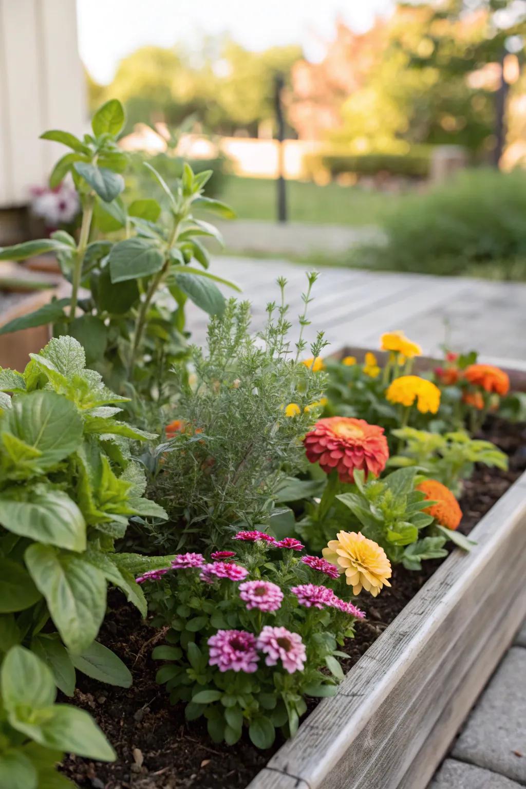 A compact flower garden featuring a delightful mix of ornamental and food-producing plants.