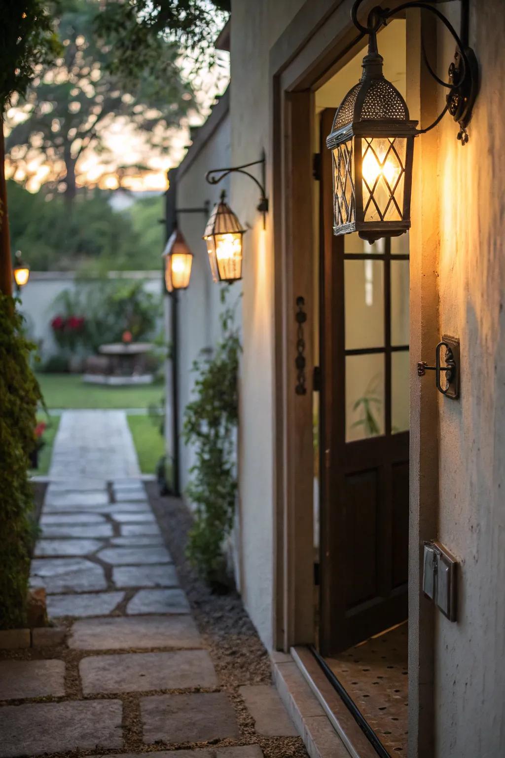 Hanging lanterns add style and security to the entrance.