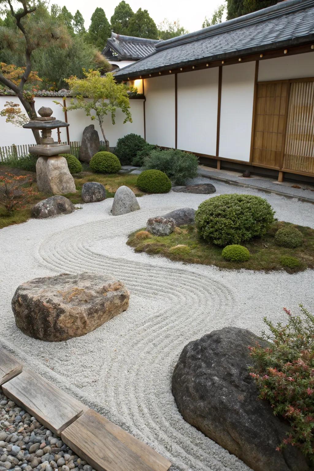 A minimalist Zen garden extends a serene departure through stones.