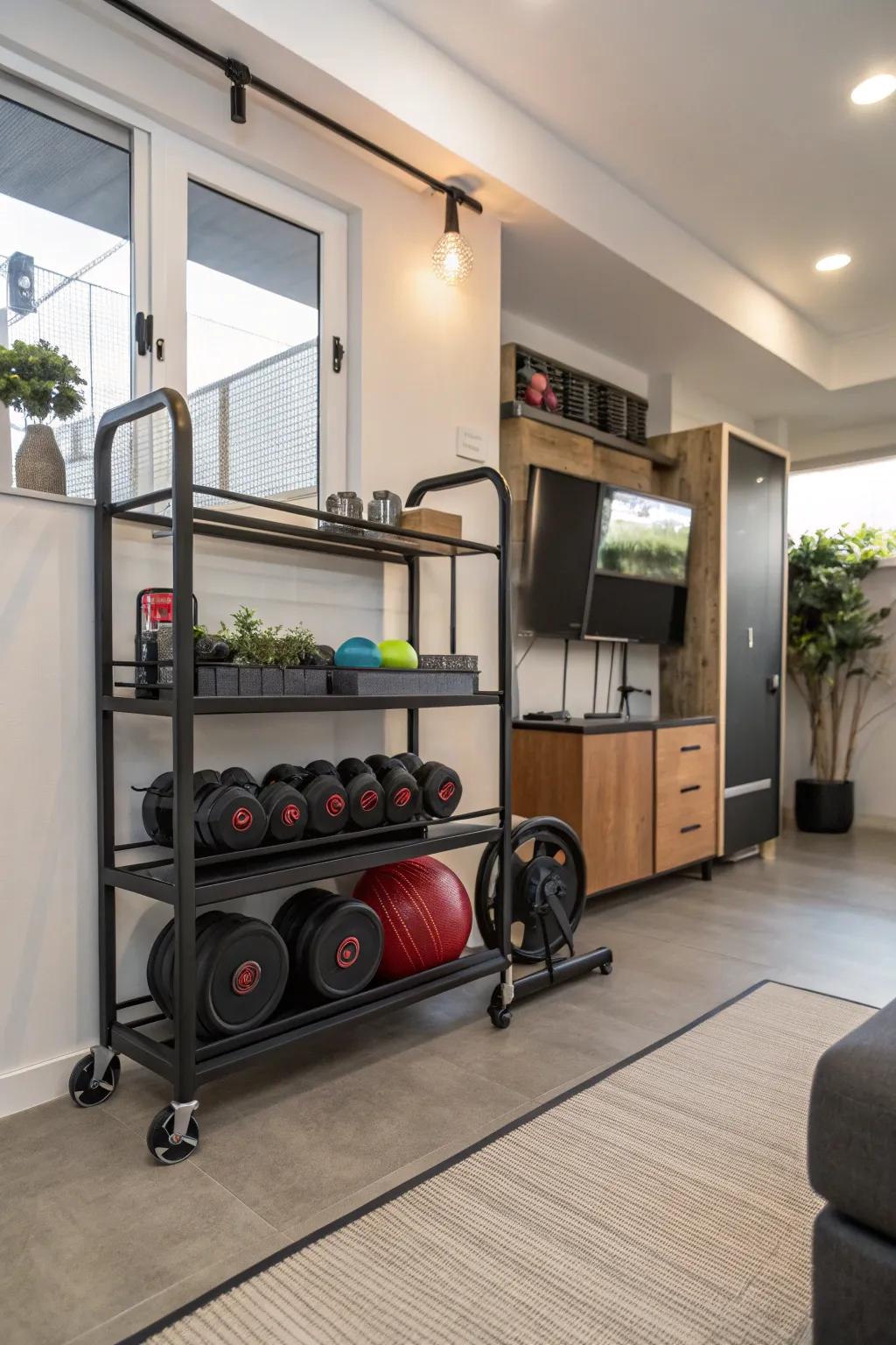 A mobile cart offers practical and adaptable storage for gym equipment.