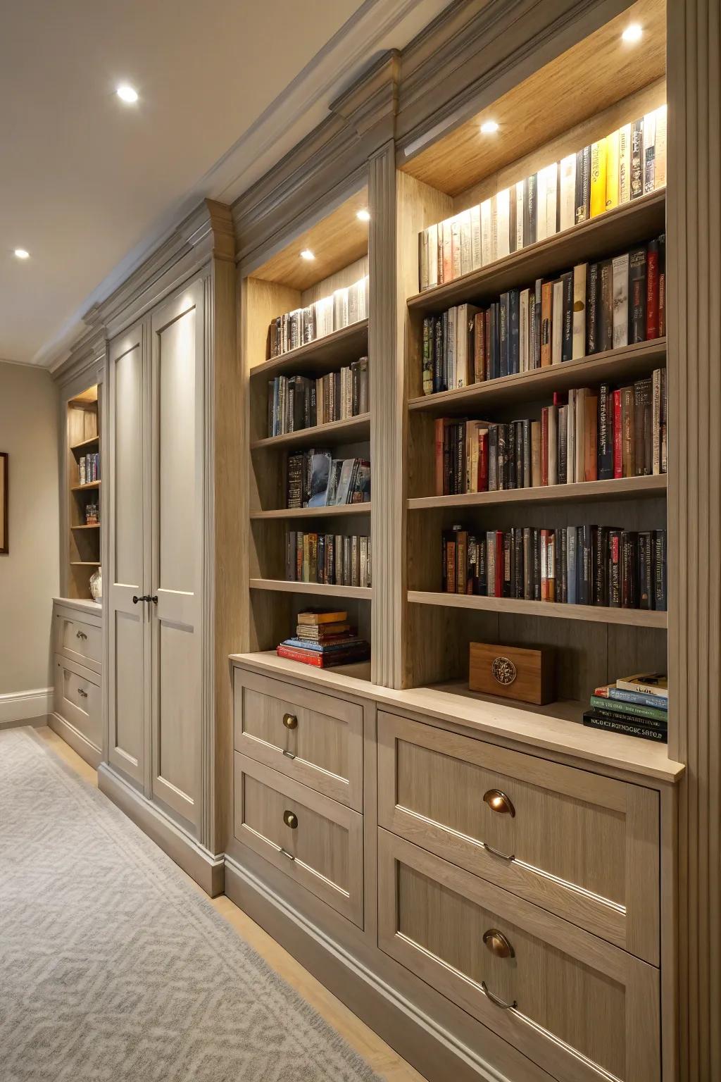 Hidden storage maintains your library's tidiness and organization.