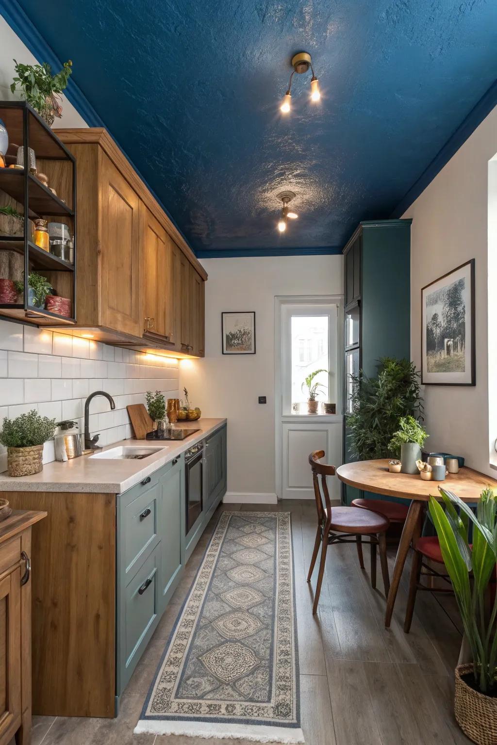 Vibrantly painted ceilings infuse small kitchens with vibrant personality.