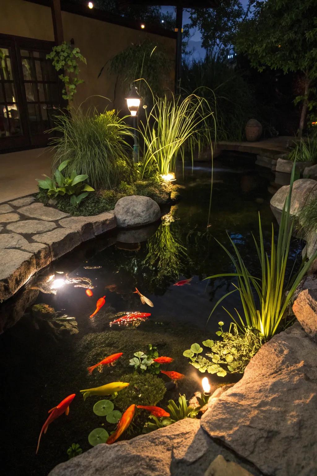 A beautifully illuminated koi haven transforms the night.