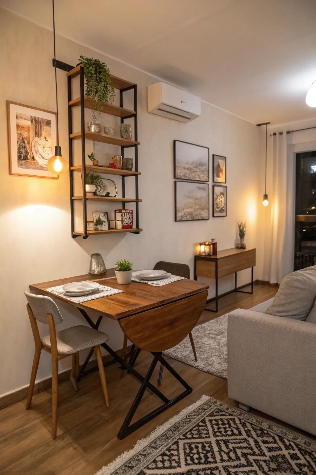 When not in use, a dining table mounted on the wall will save space.