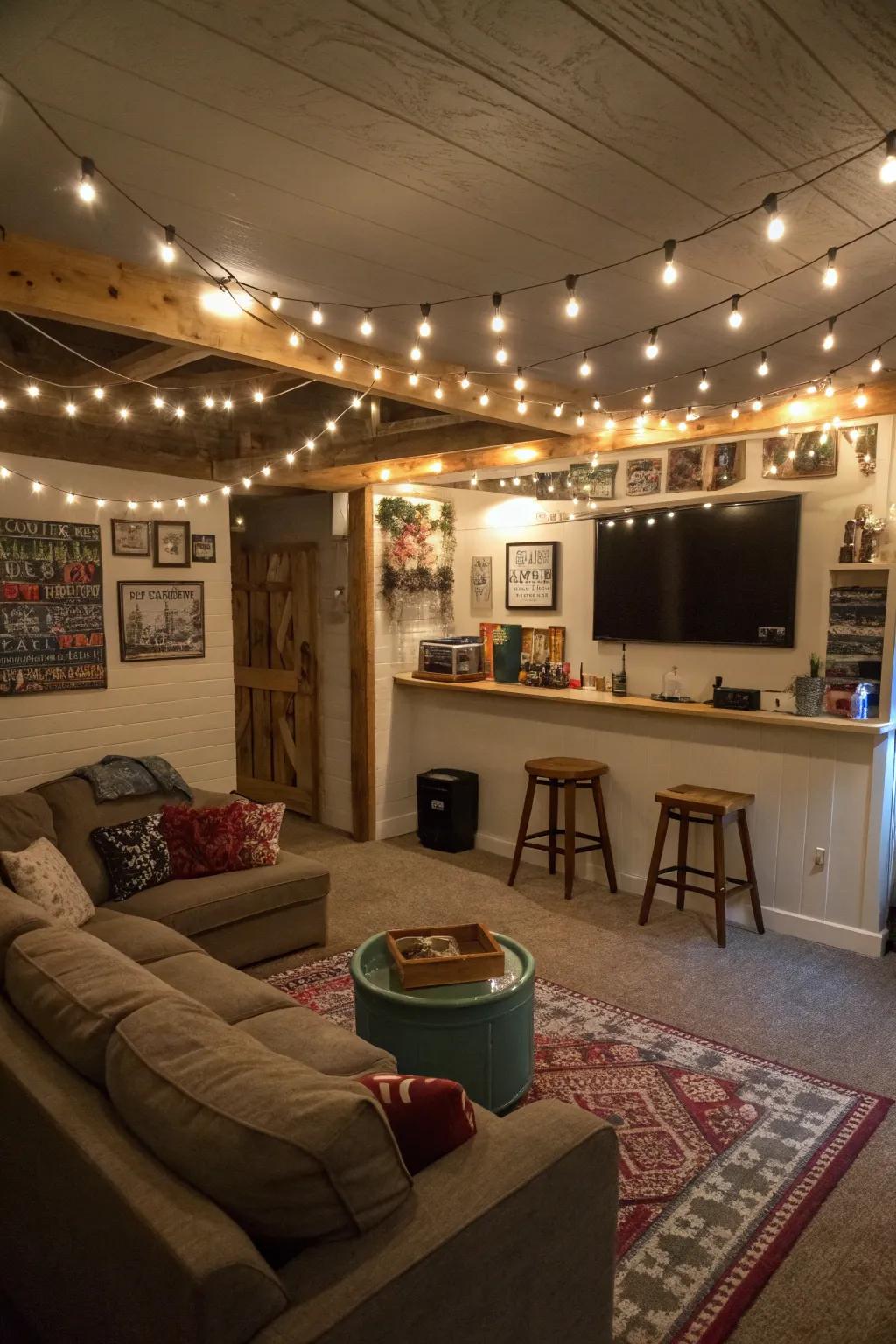 Decorative lights hanging from the ceiling make the atmosphere magical and charming.