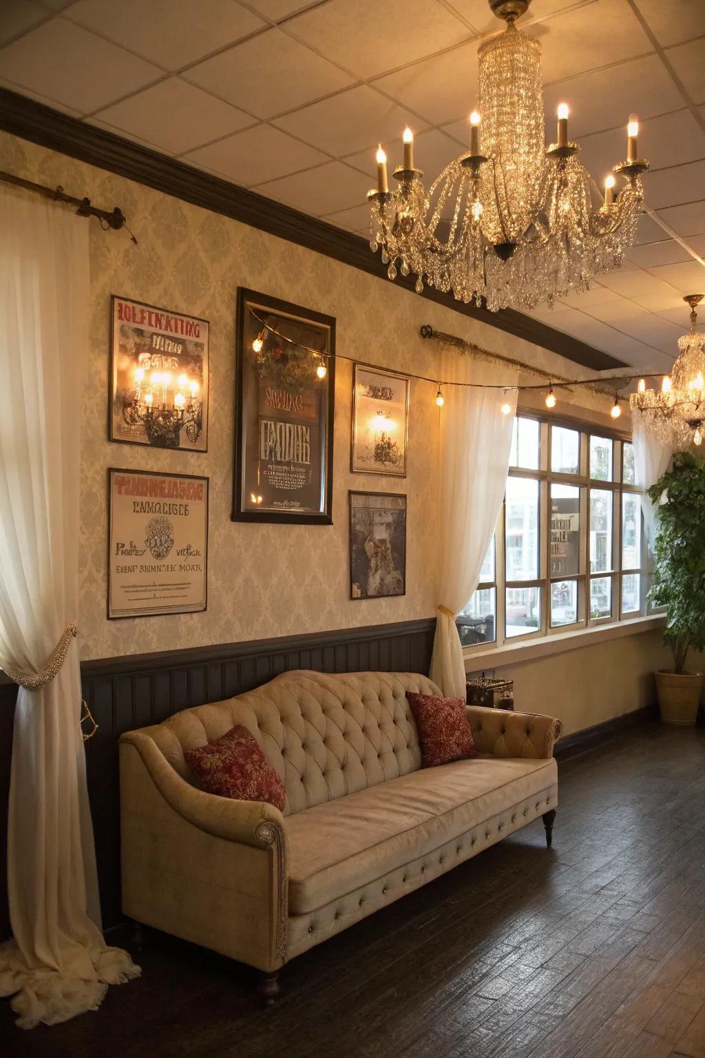 An antique couch contributes comfort and a nostalgic style.