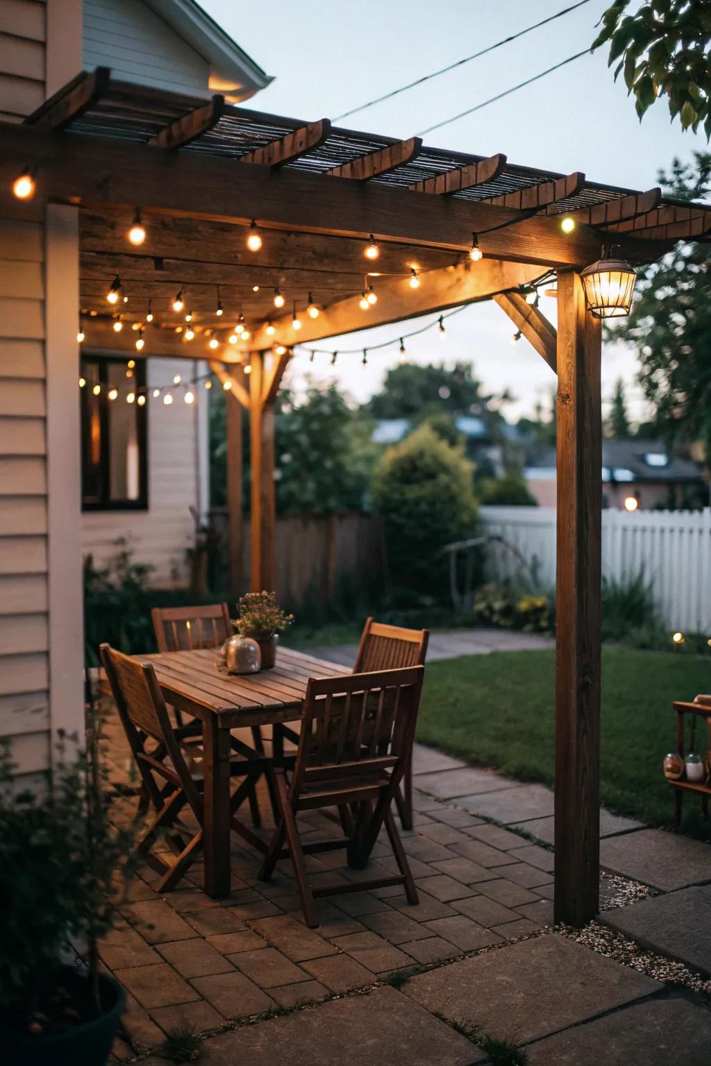 A dining area under a pergola offers a charming spot for outdoor meals.
