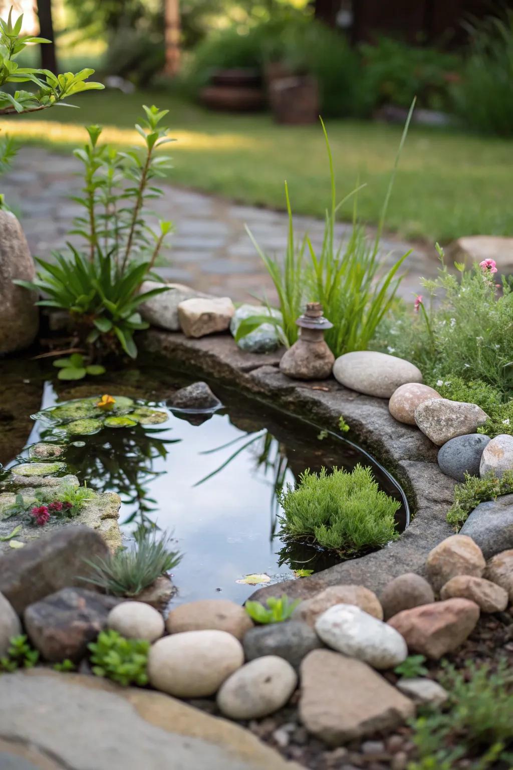 A tiny water garden furnishes detailed beauty in a small space.