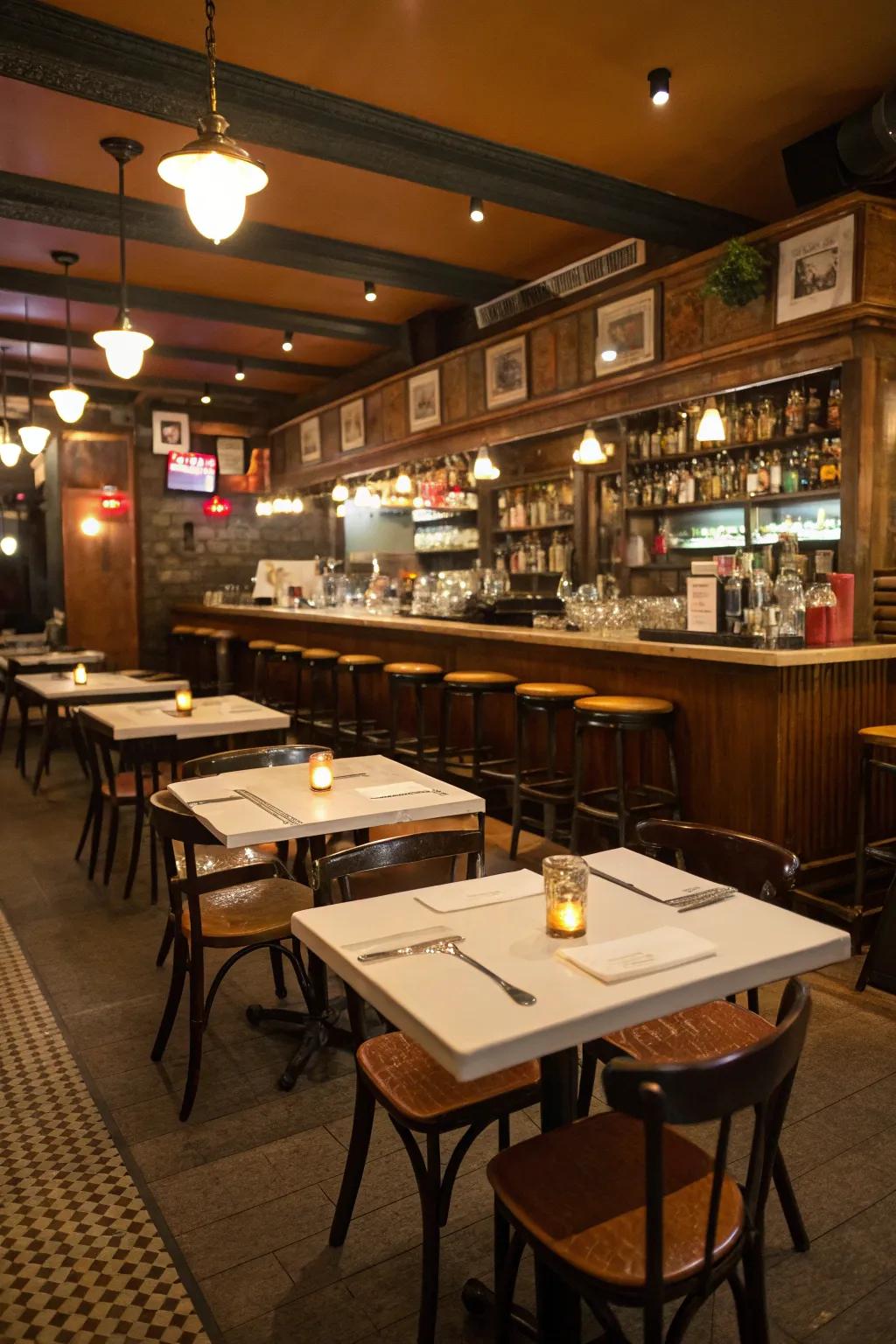 Multi-functional furniture maximizes area within a small restaurant bar.