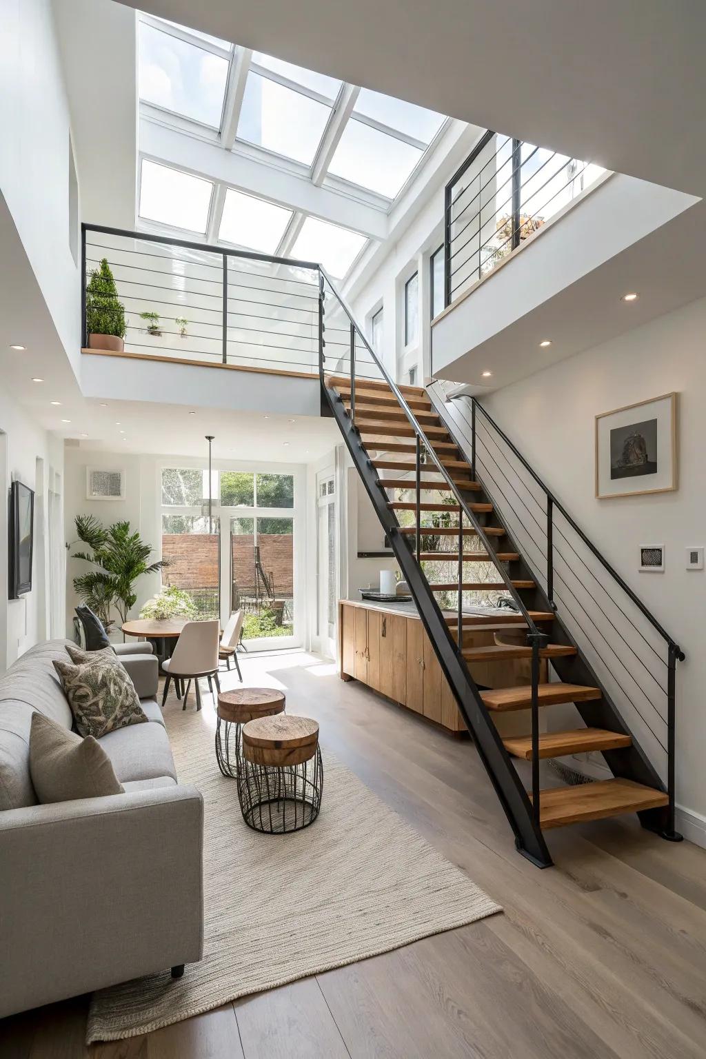 Hanging stairs improve sophistication and spatial flow.