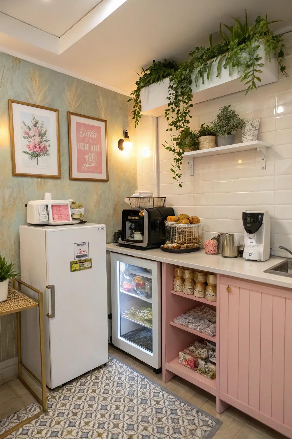 A compact refreshment point for client comfort.