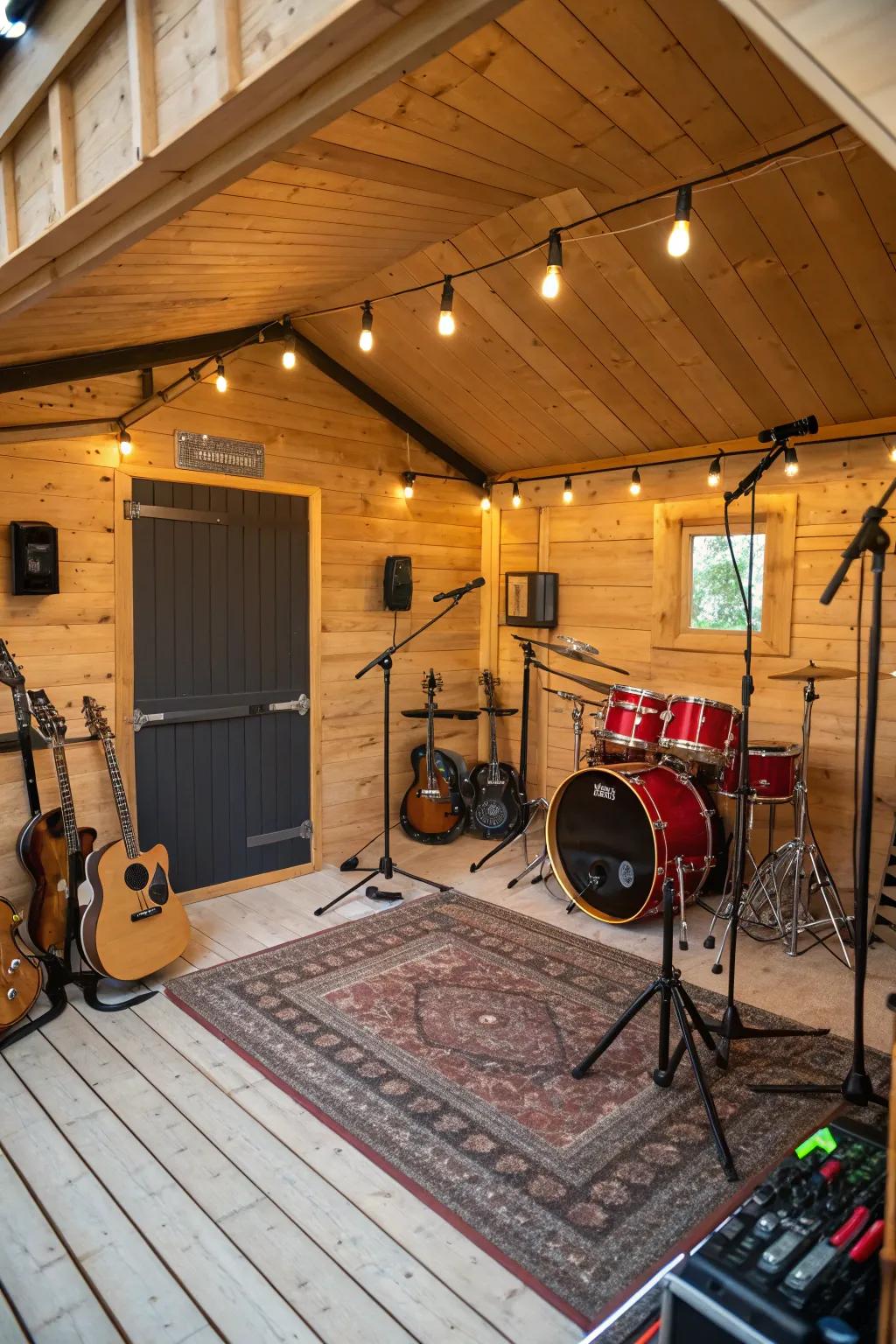 A small music space nestled in a small shed.