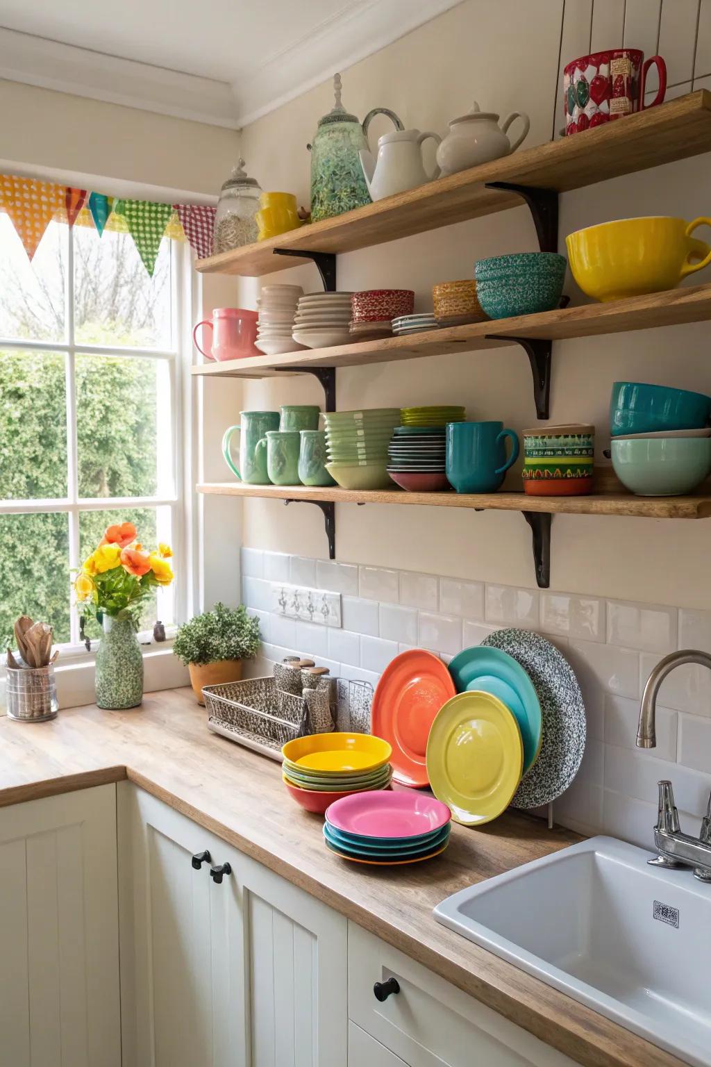 Wall-mounted shelves add storage and style to a small cooking area.
