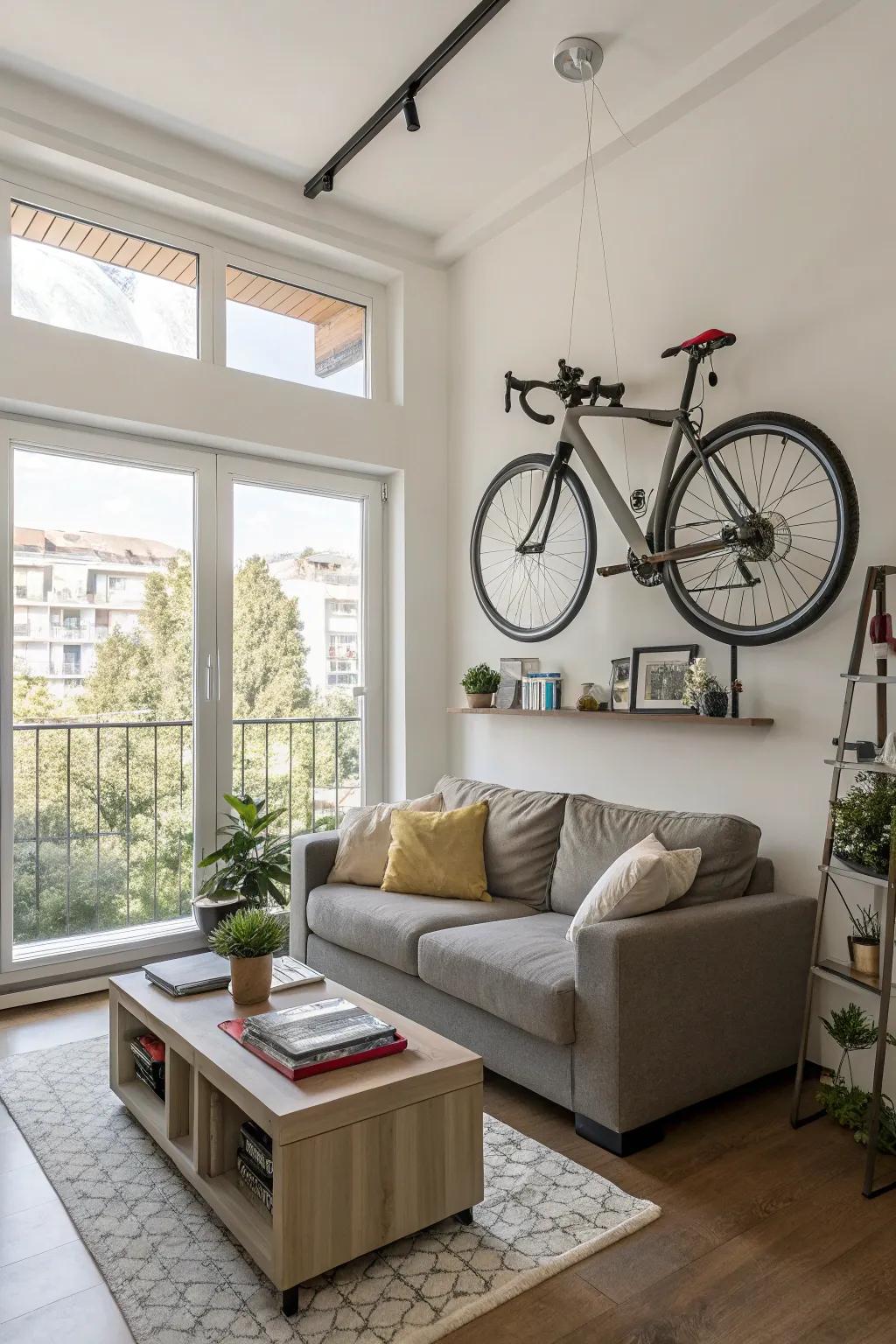 Bikes can be mounted to a wall for visually appealing storage.