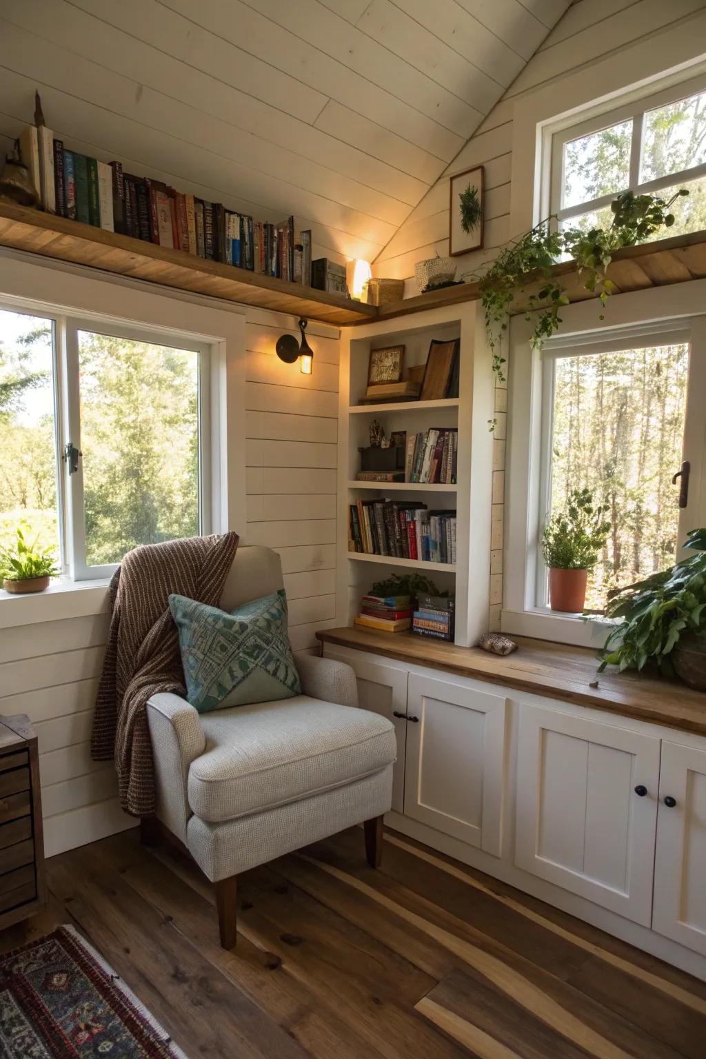A cozy reading nook offers a peaceful retreat in small houses.