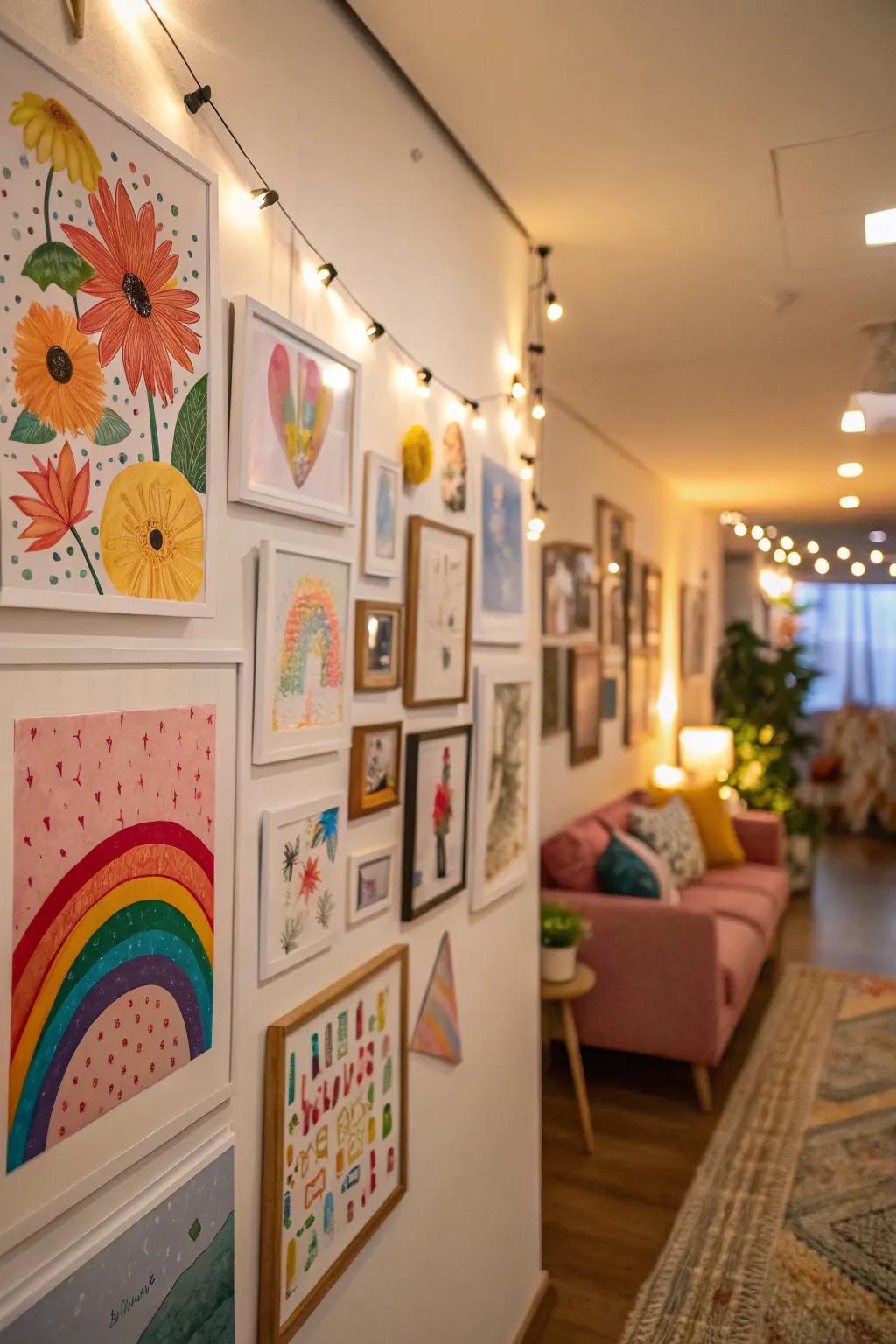 Colorful art bringing vibrancy to a small wall.