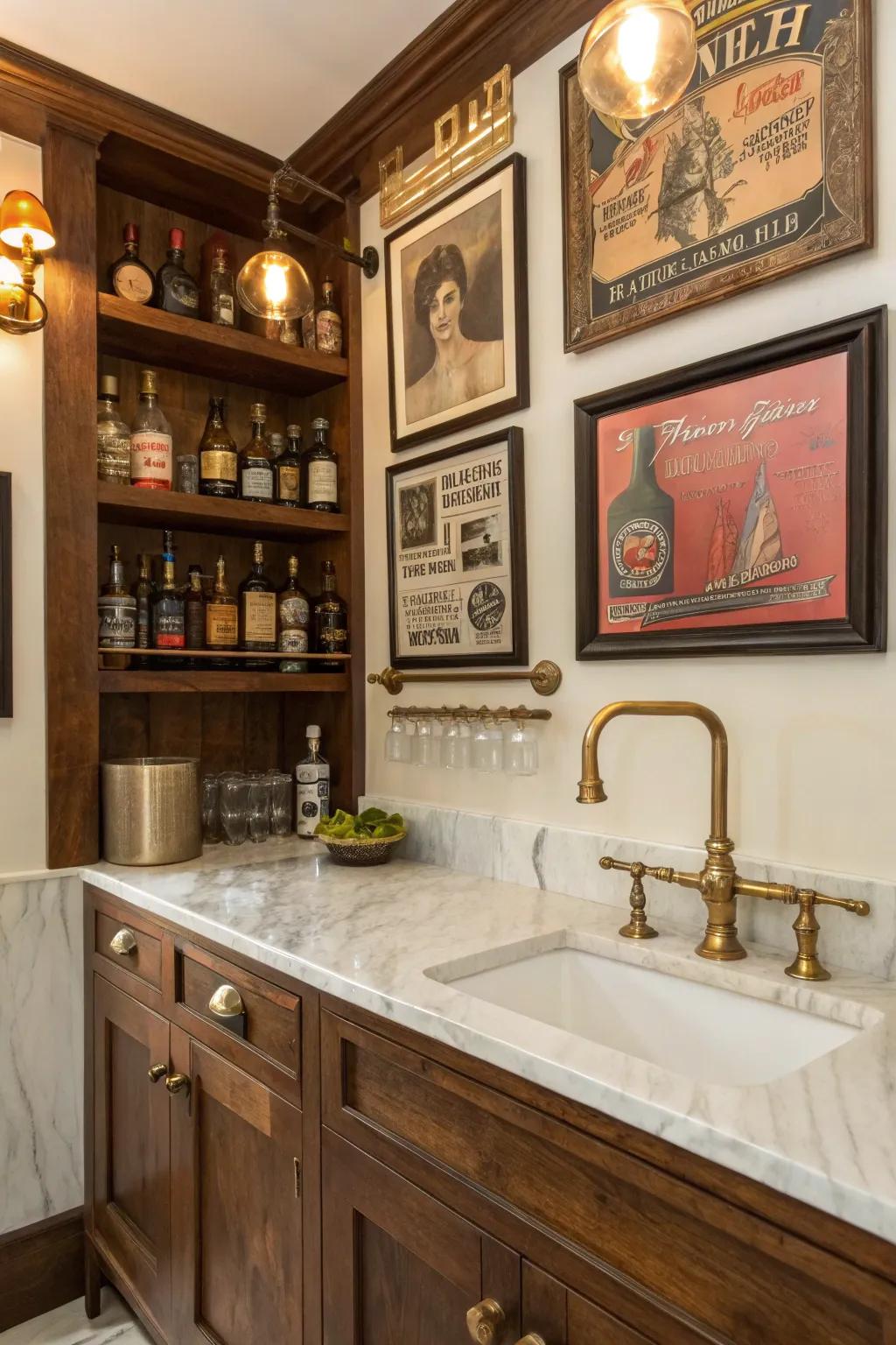 Timeless elegance is incorporated into a compact wet bar by vintage design elements.