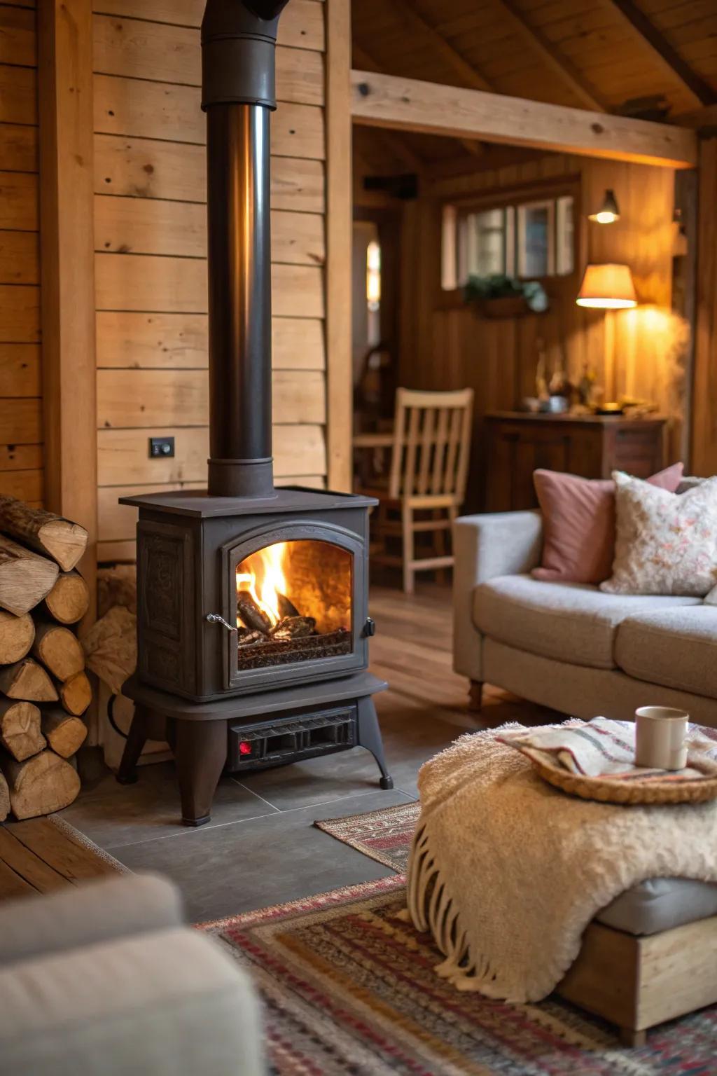 Built-in seating around a wood heater creates a cozy spot for gatherings.