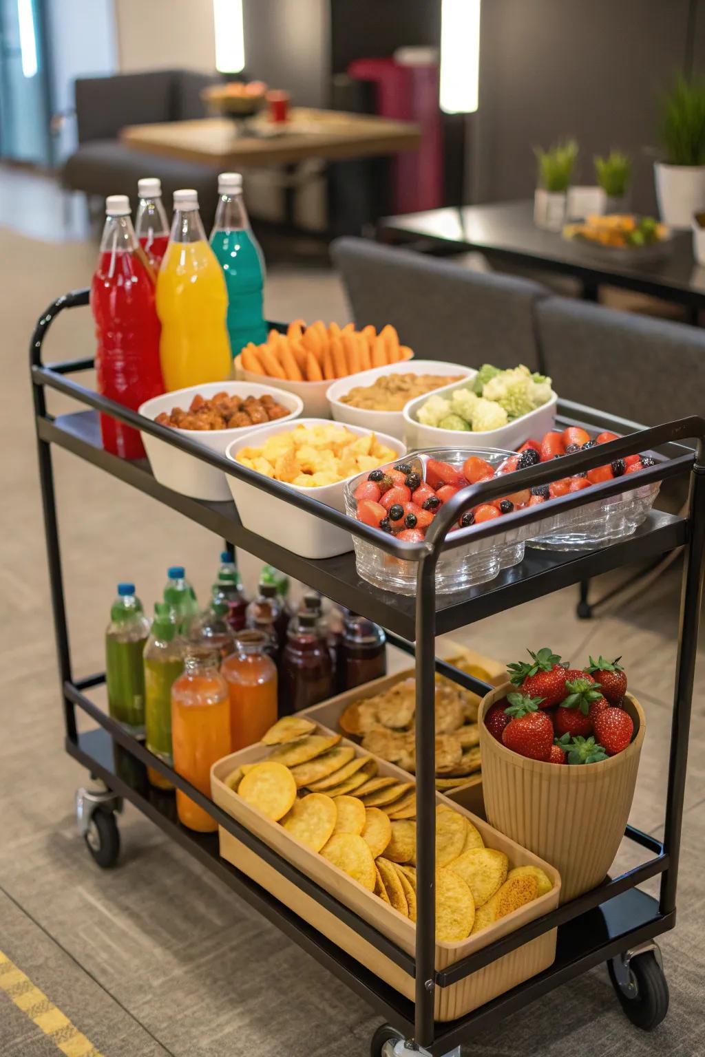 A wheeling trolley introduces flexibility to snack storage.