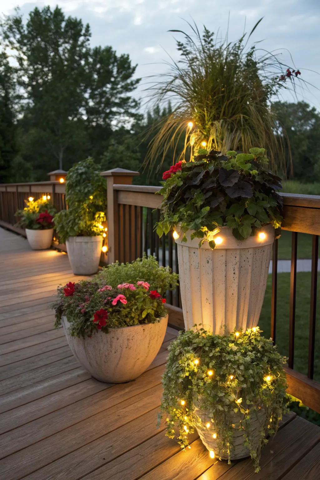 Solar lighted planters offer a blend of greenery and light.
