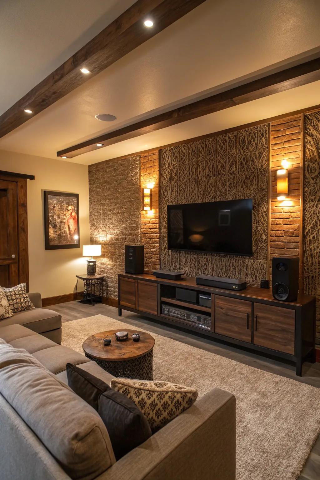 Audio bar smoothly integrated into a feature wall design.