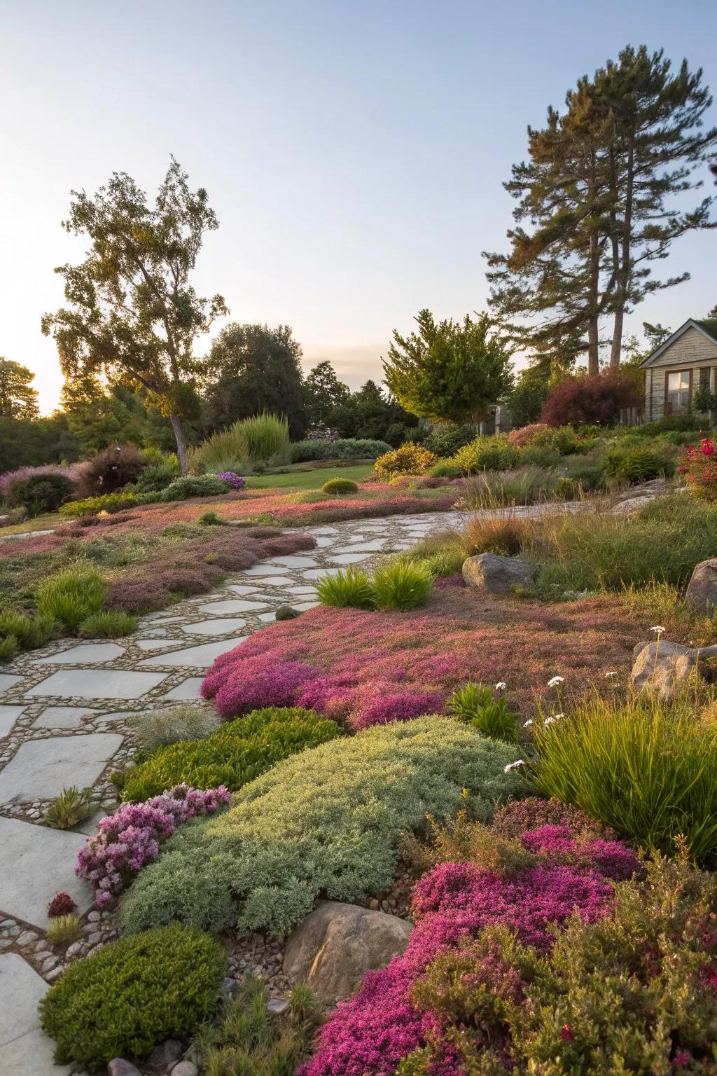 Ground covers contributing texture and reducing lawn maintenance requirements.