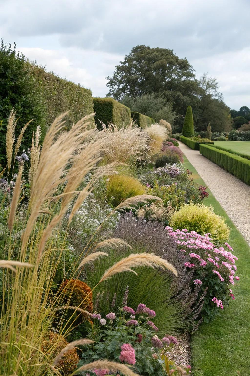Ornamental grasses lend an artful impression to garden perimeters.