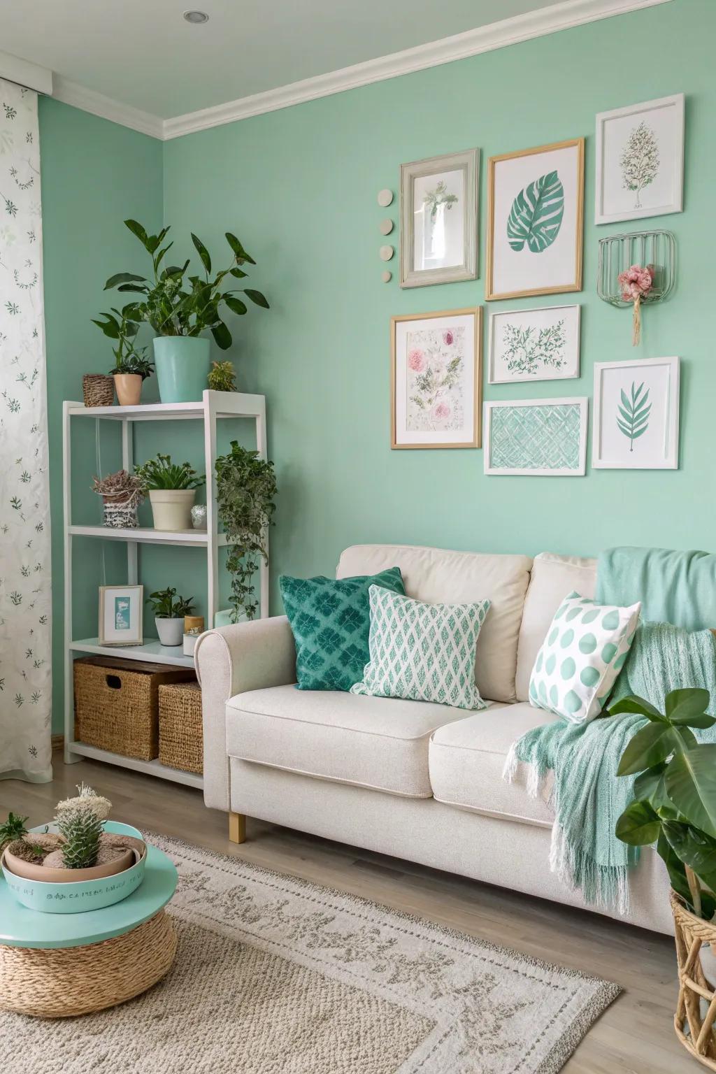 A mint-colored wall really gives a room a fresh look.