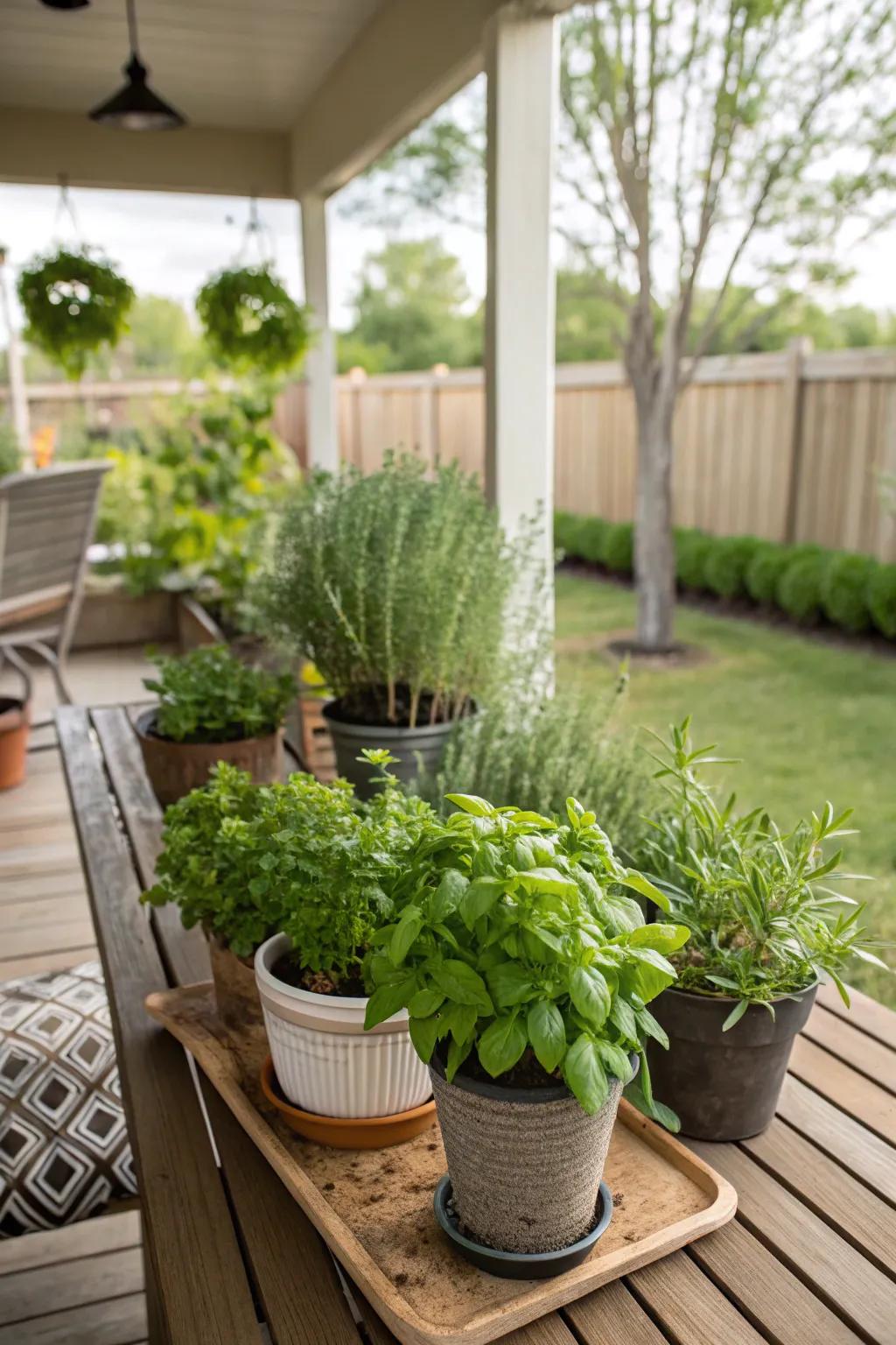 A mini aromatic garden introduces both splendor and practicality to your veranda.