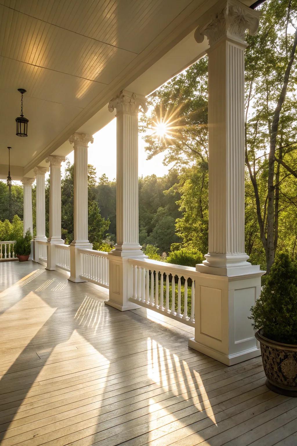 Shimmering upright posts add a luxurious sheen to the porch.
