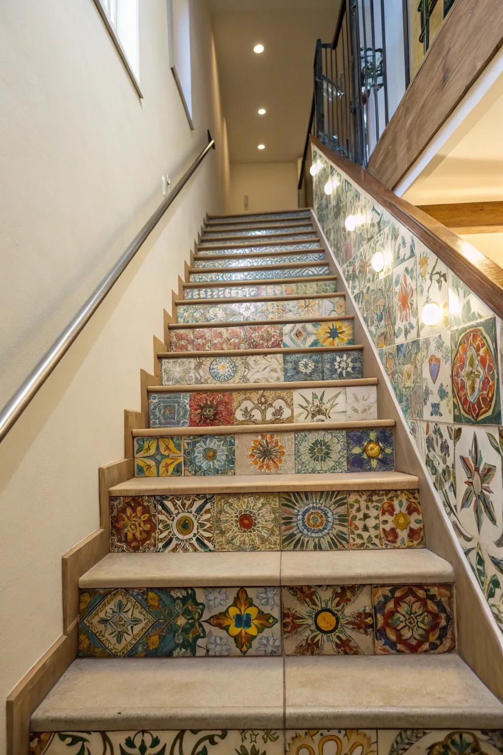 Tile your stairway walls for a unique and durable design.