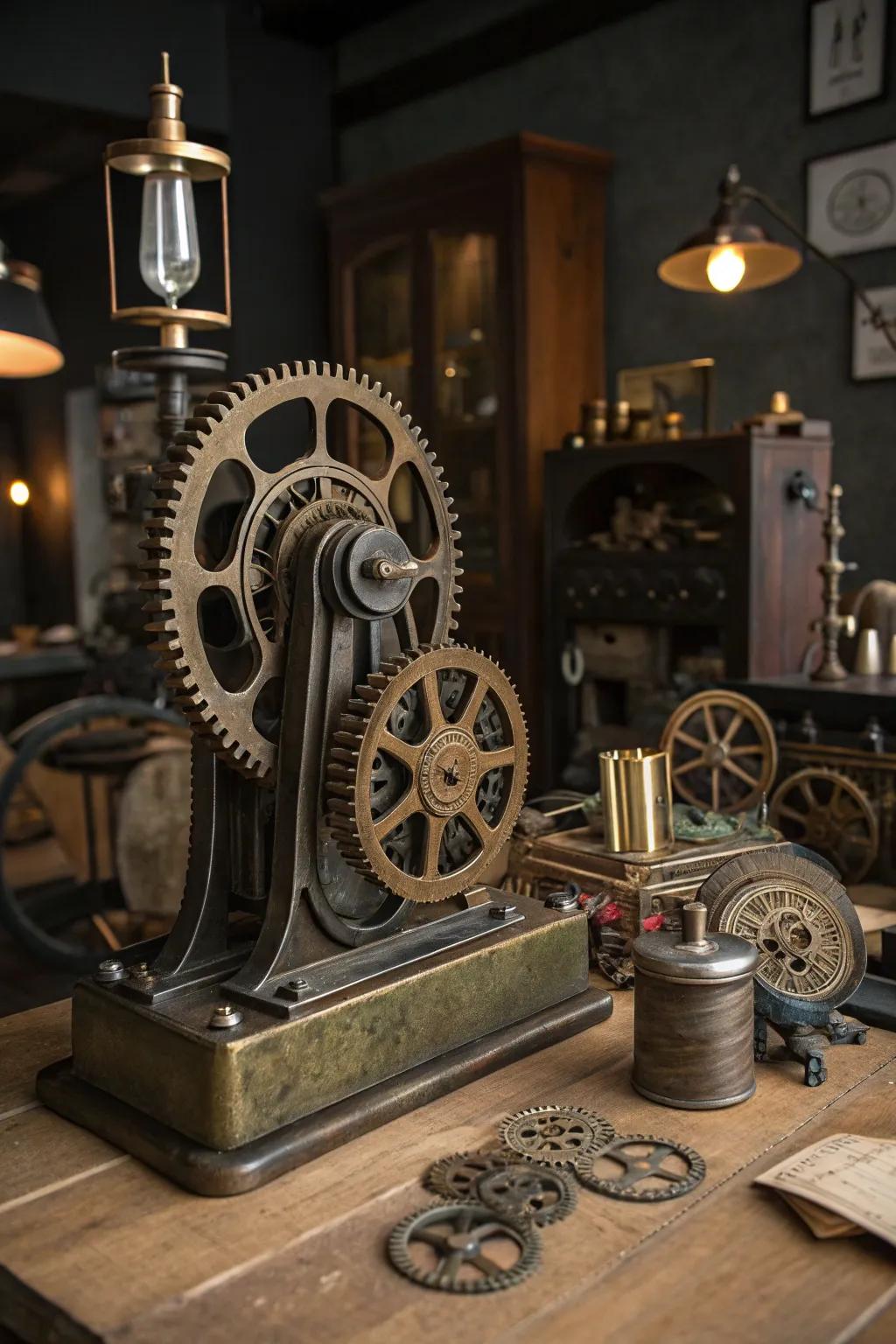 A steampunk design installation brings dynamic energy into the interior.