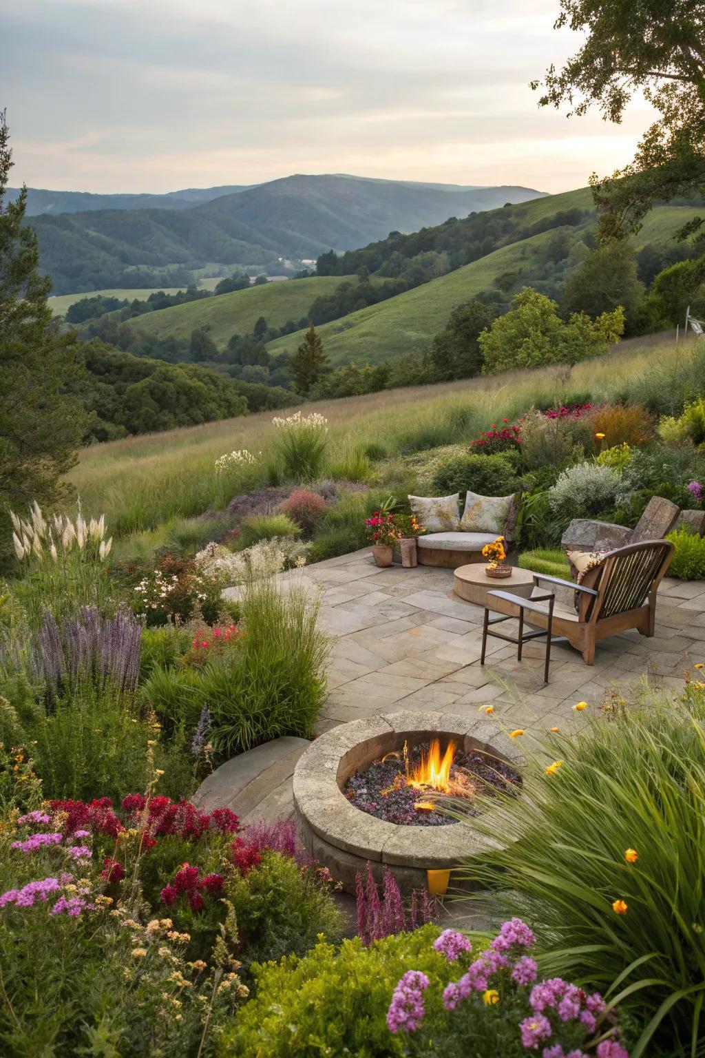 A fire pit becomes a cozy, inviting hillside element.