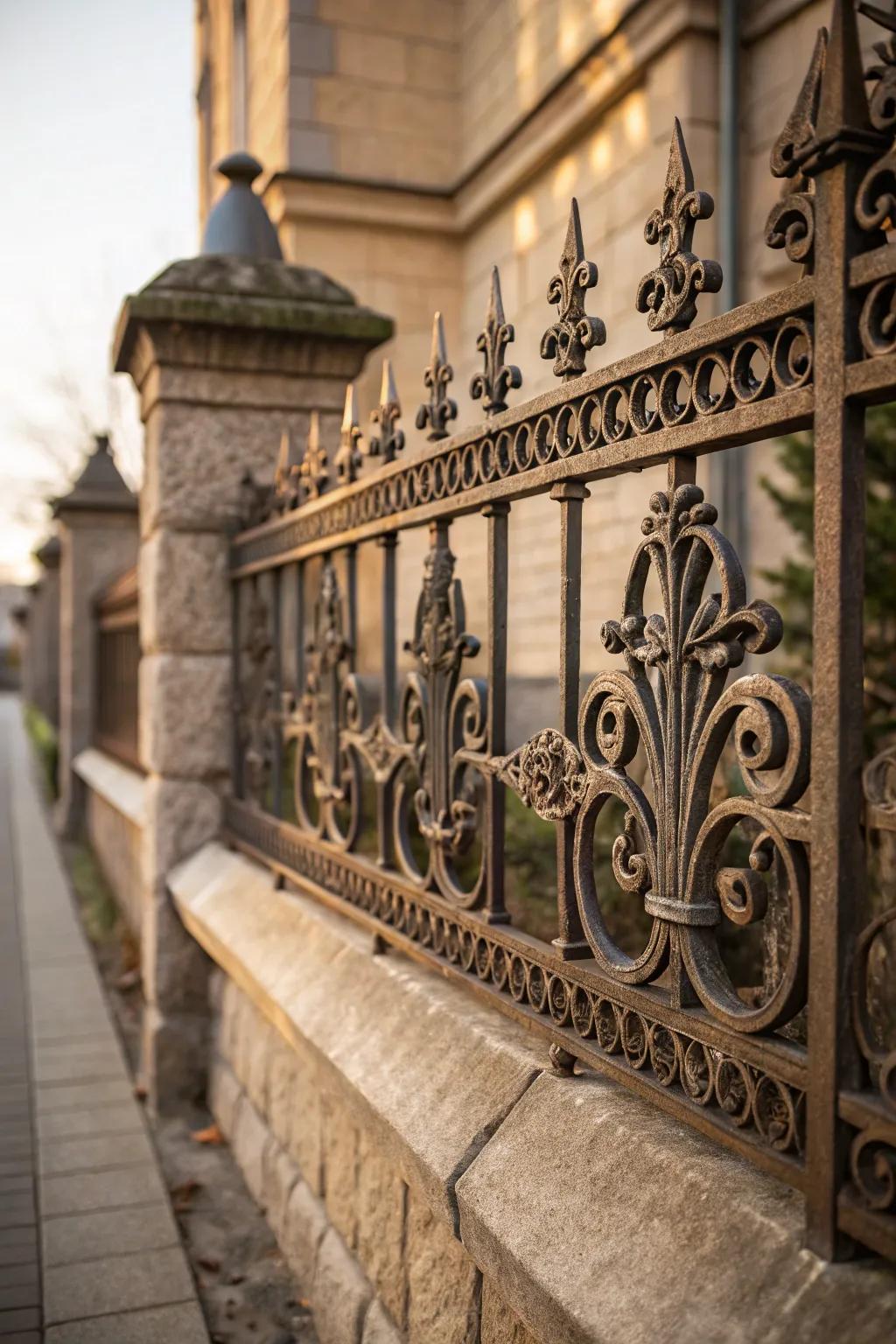 An artistic ironwork pattern enhancing the visual appeal of a garden fence.