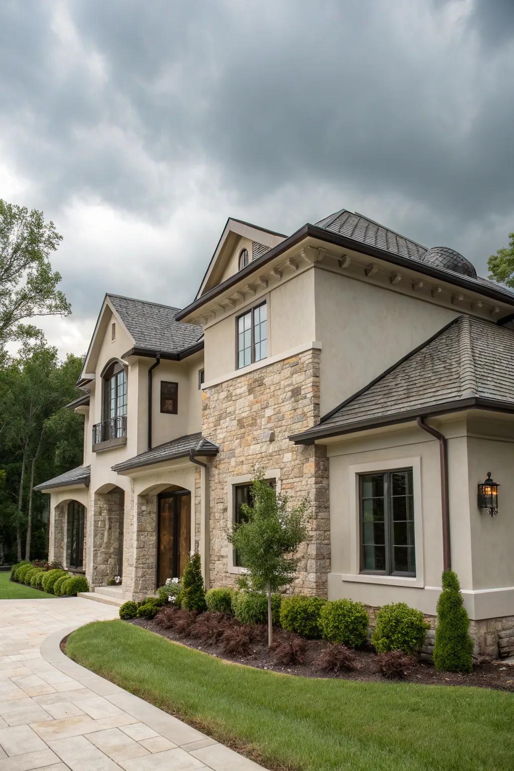 A modern classic home featuring a combination of stucco and rock.