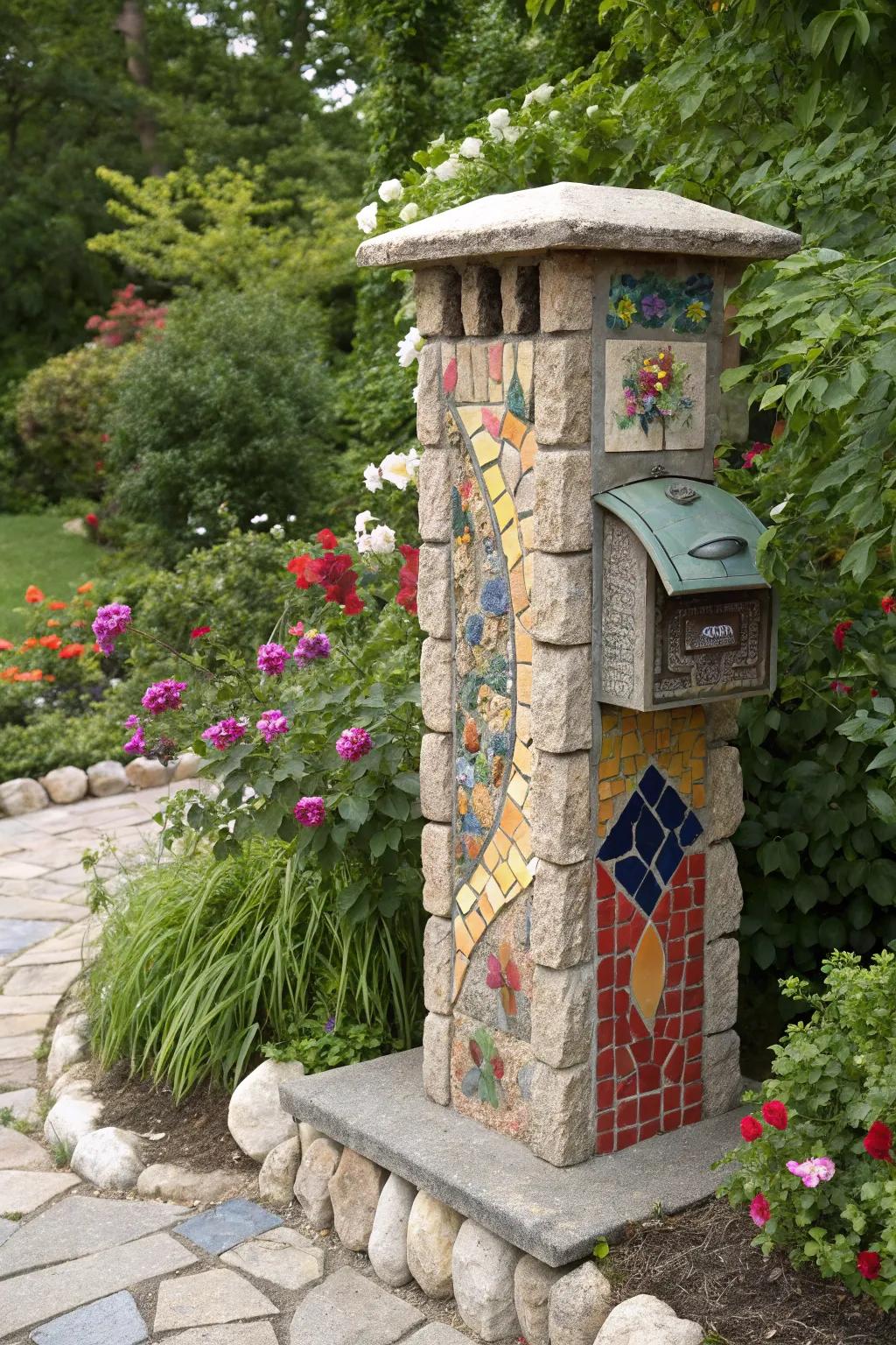 A fun stone mailbox pillar with vibrant pattern designs.