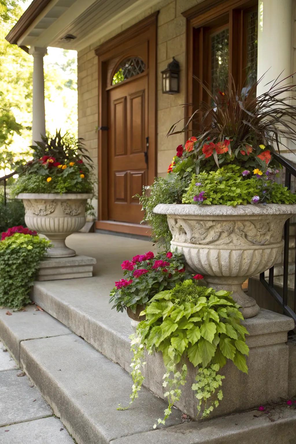 Rock pots heighten the green appeal of the porch.
