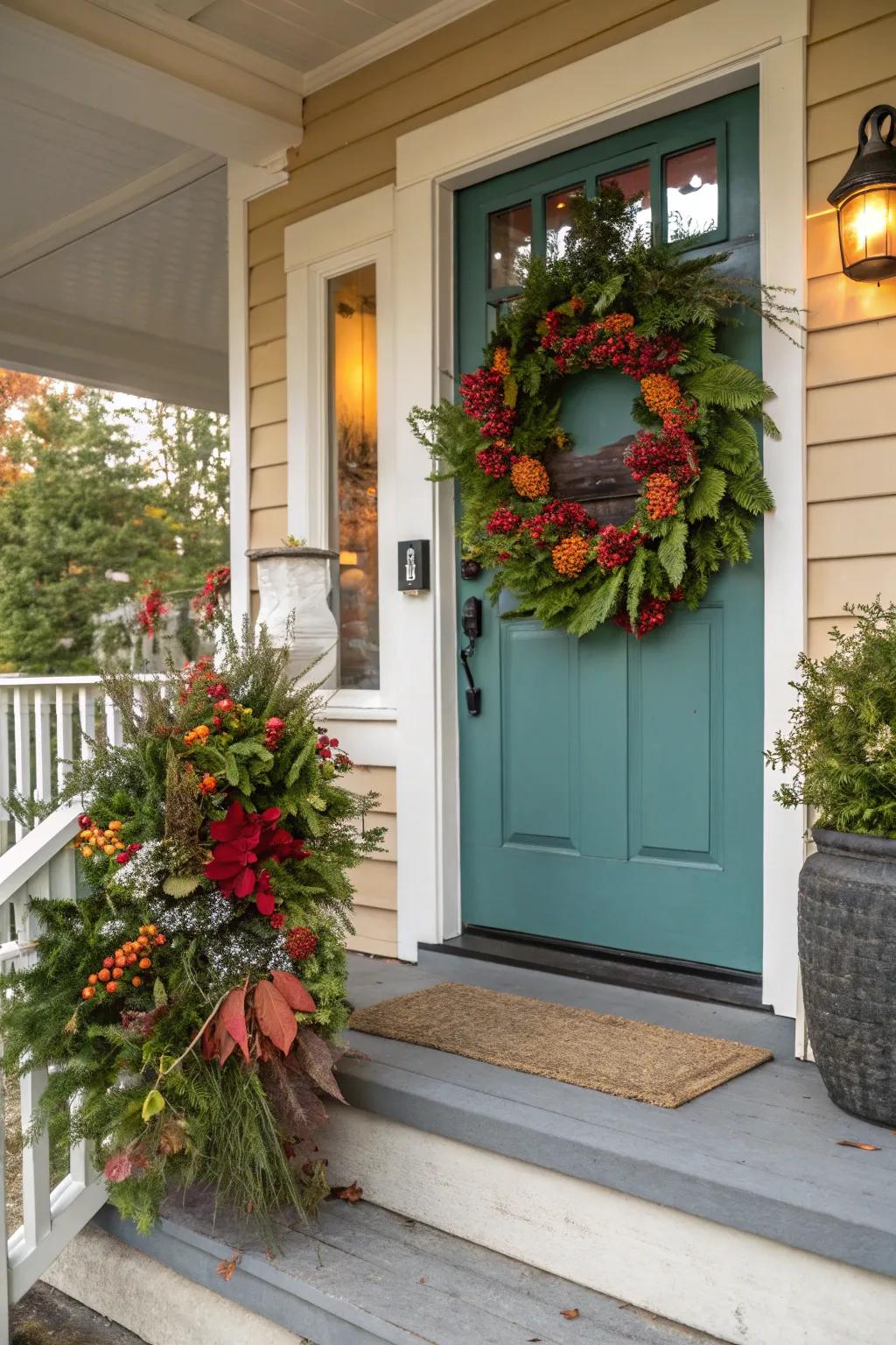 A colorful decoration incorporates seasonal style for the stoop.