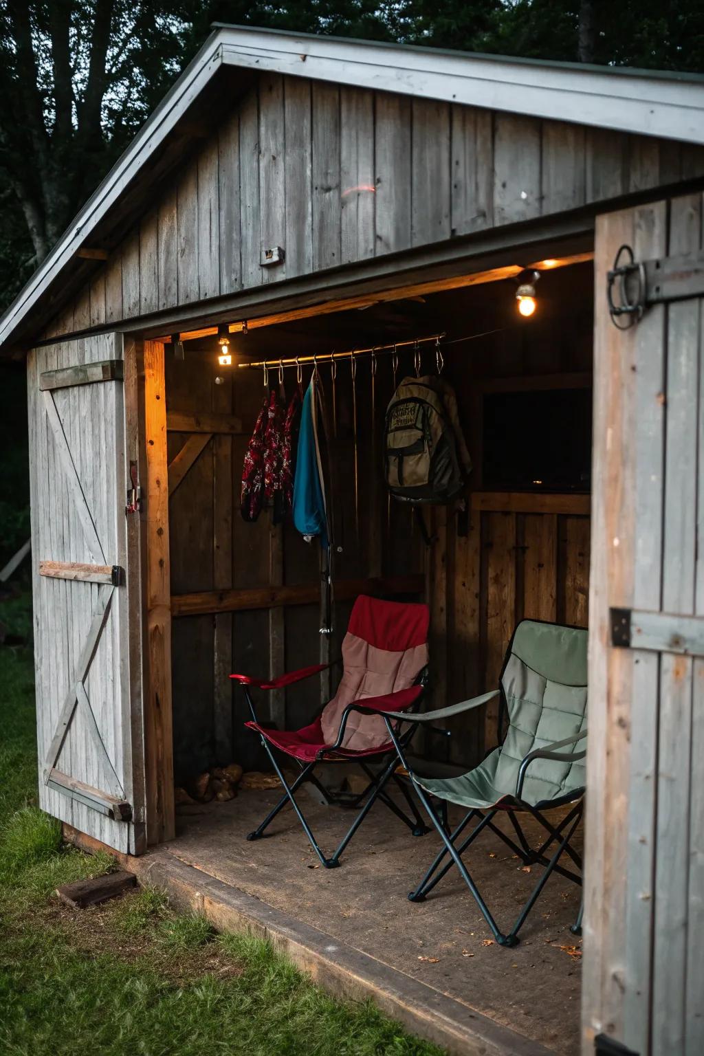 Get the most storage in sheds by hanging chairs from beams.