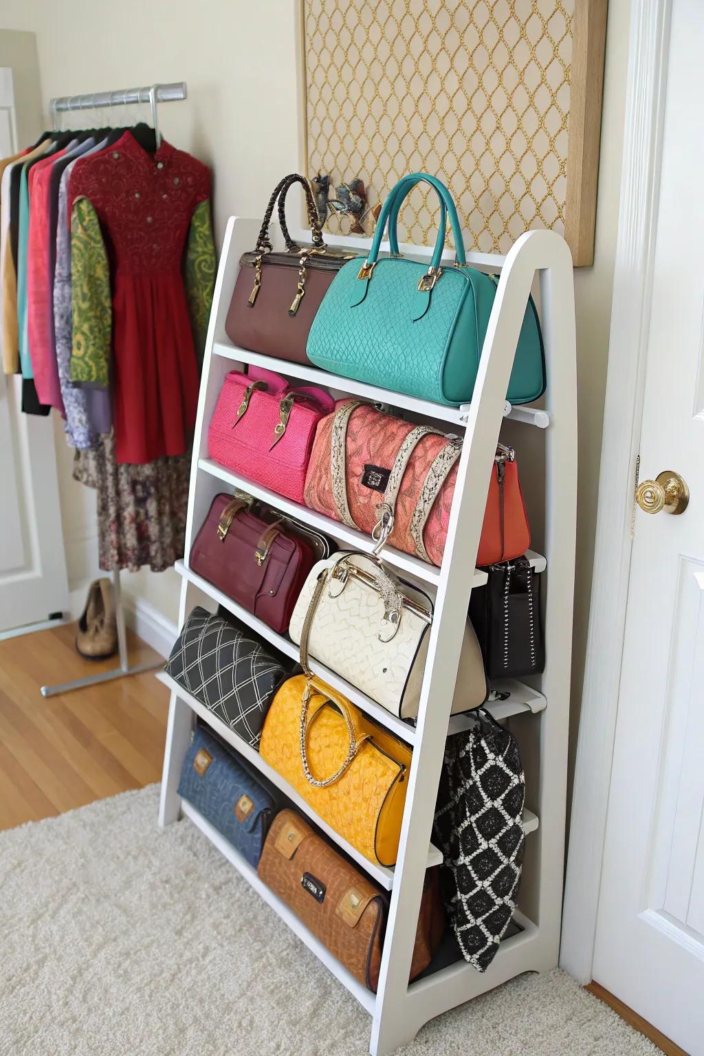Shoe rack repurposed for handbag organization.