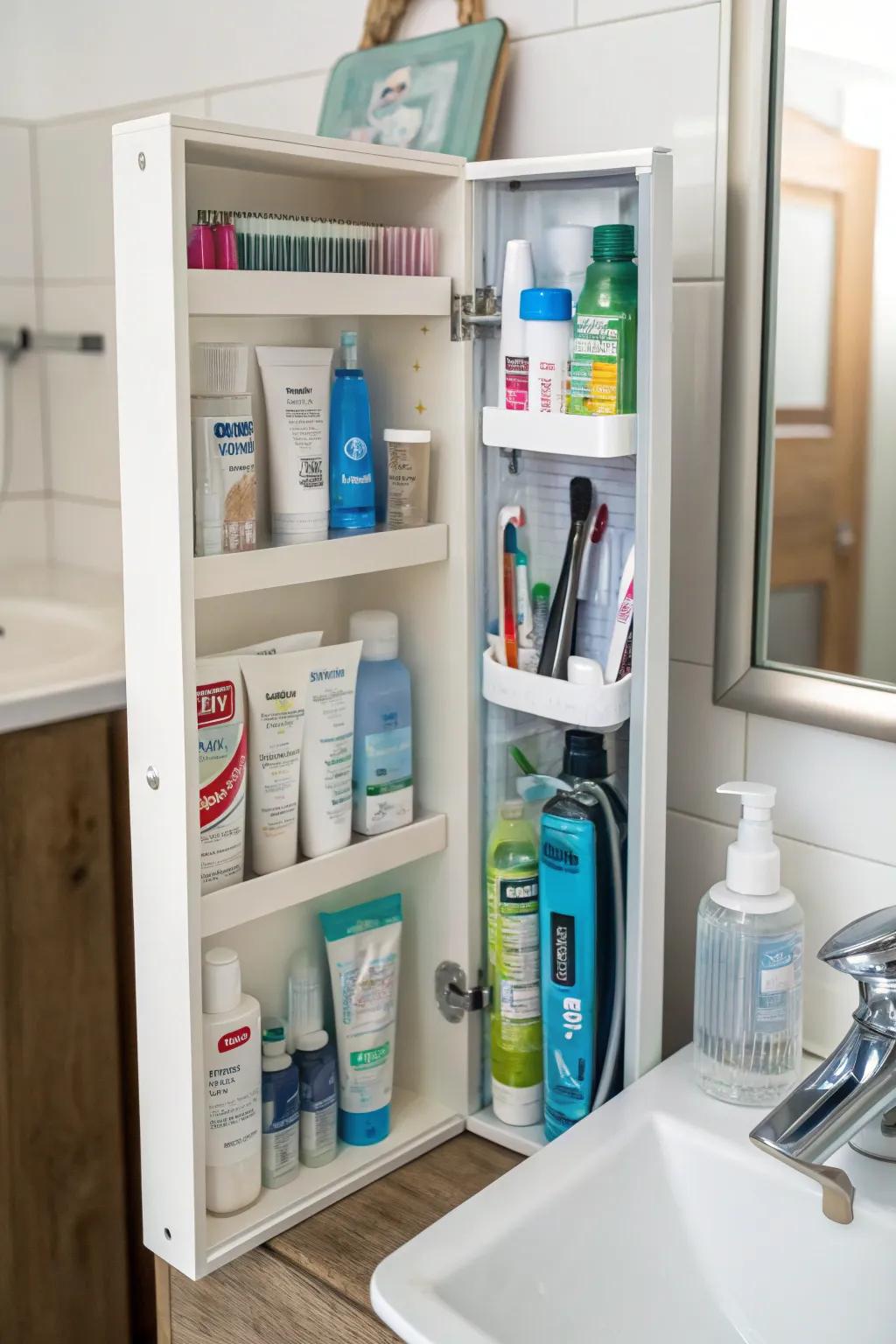 Thin bathroom cabinet for toiletries.