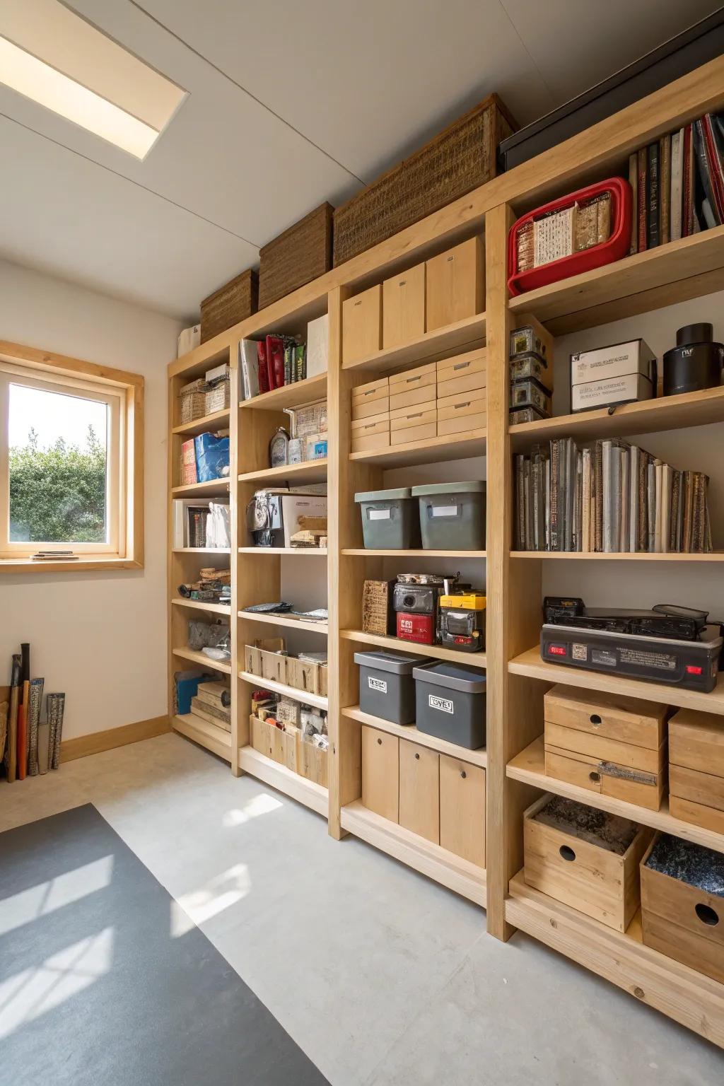 Built-in shelving offers a seamless and efficient storage solution.