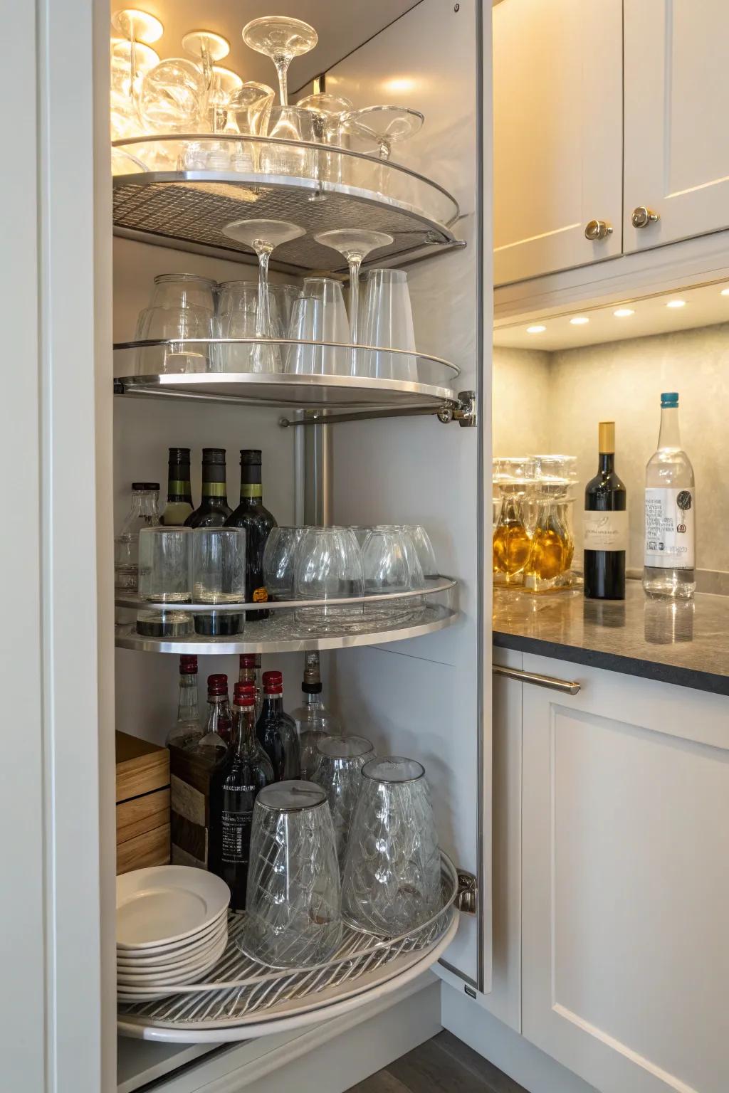 Corner cupboards with shelves that spin maximize space and convenience.
