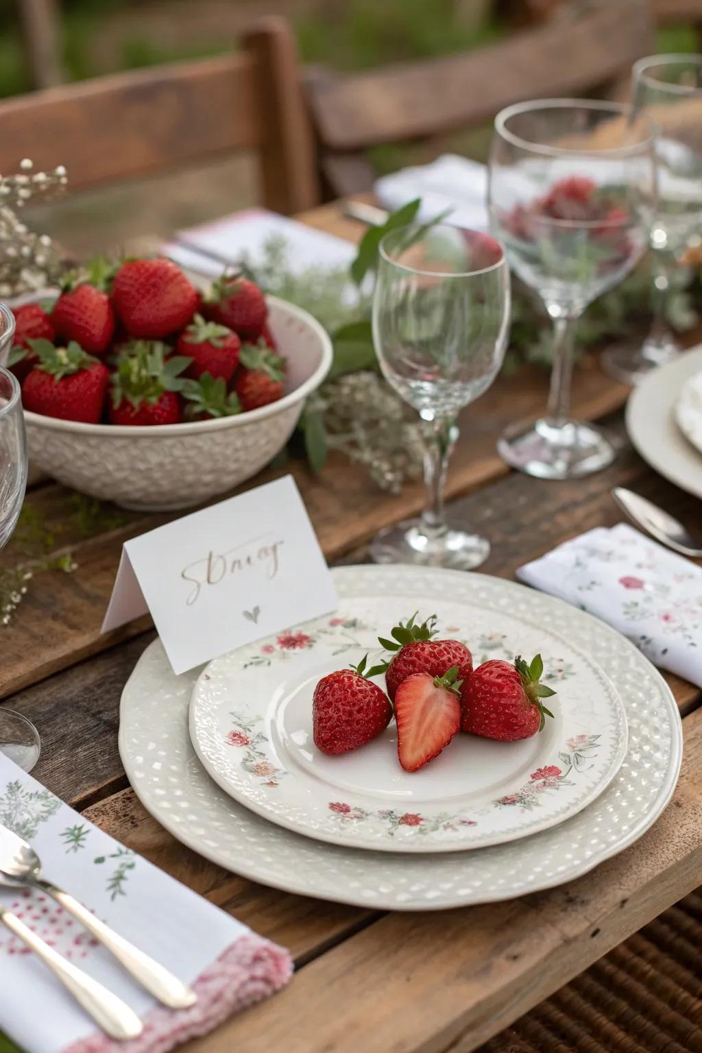 Charming strawberry place card holders for a personalized dining experience.