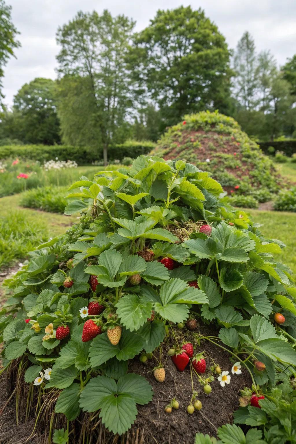 Strawberries flourish on a hugelkultur hill.