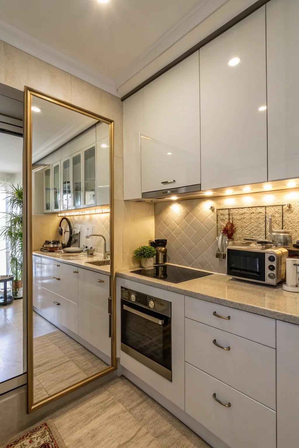 A mirrored backsplash reflects light and adds depth to a kitchen.